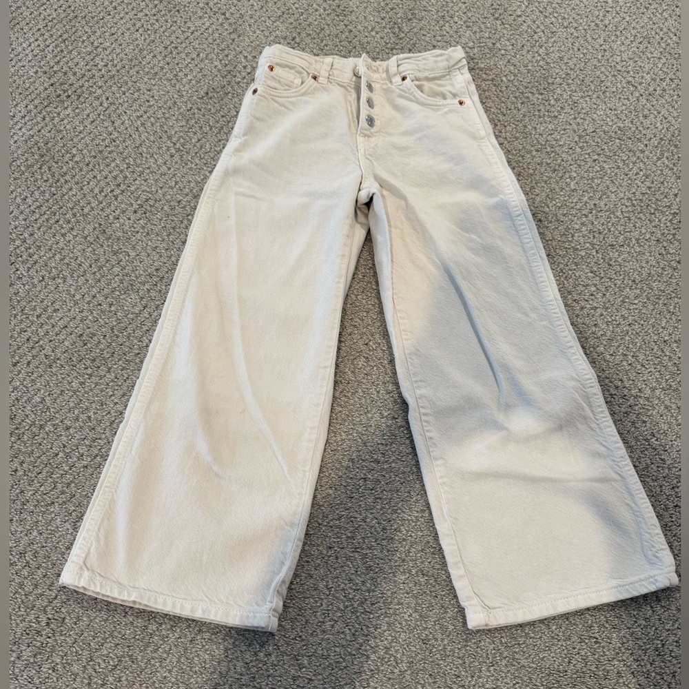 Zara girls cream wide leg jeans button up size 8